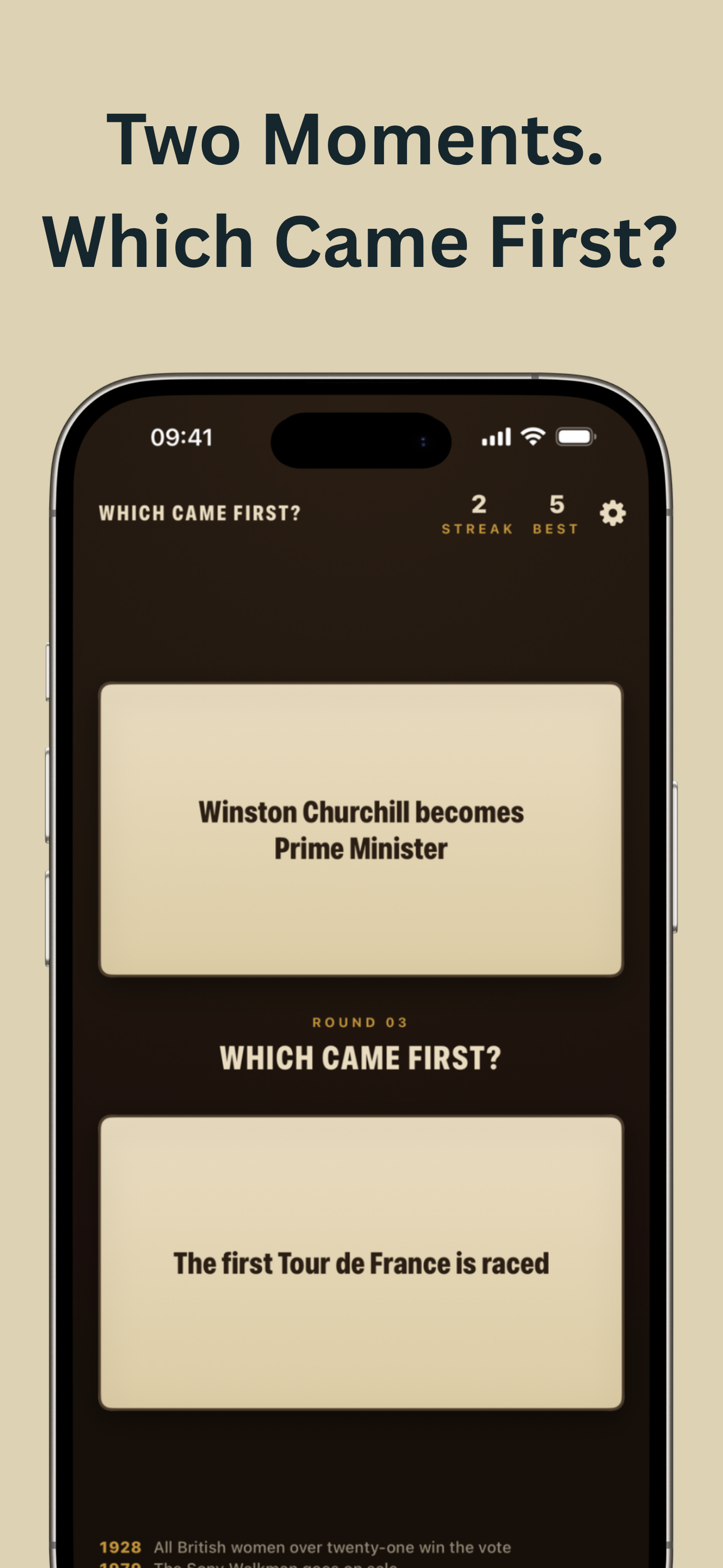 Two events on screen and the question, which came first?
