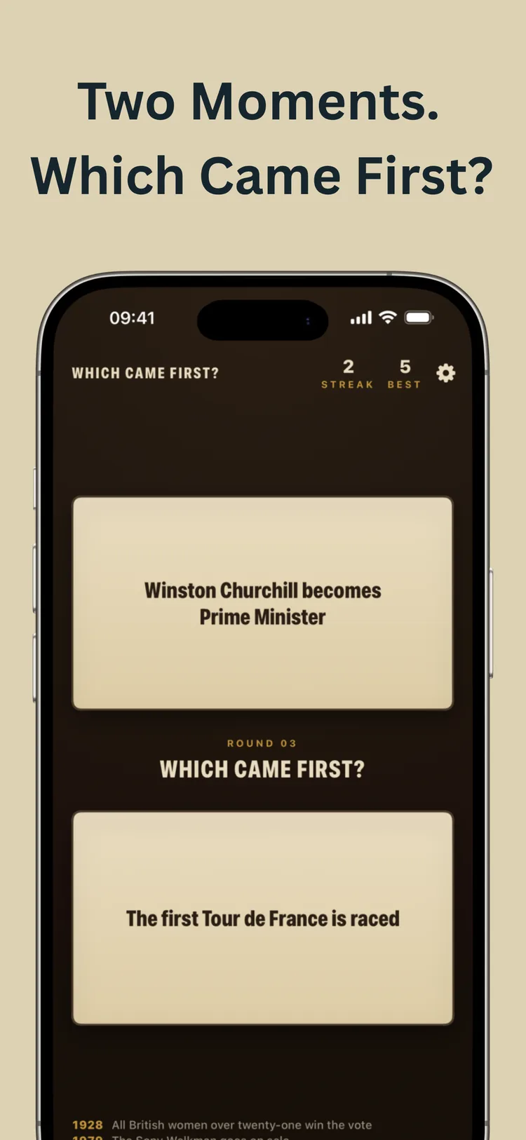 Two events on screen and the question, which came first?