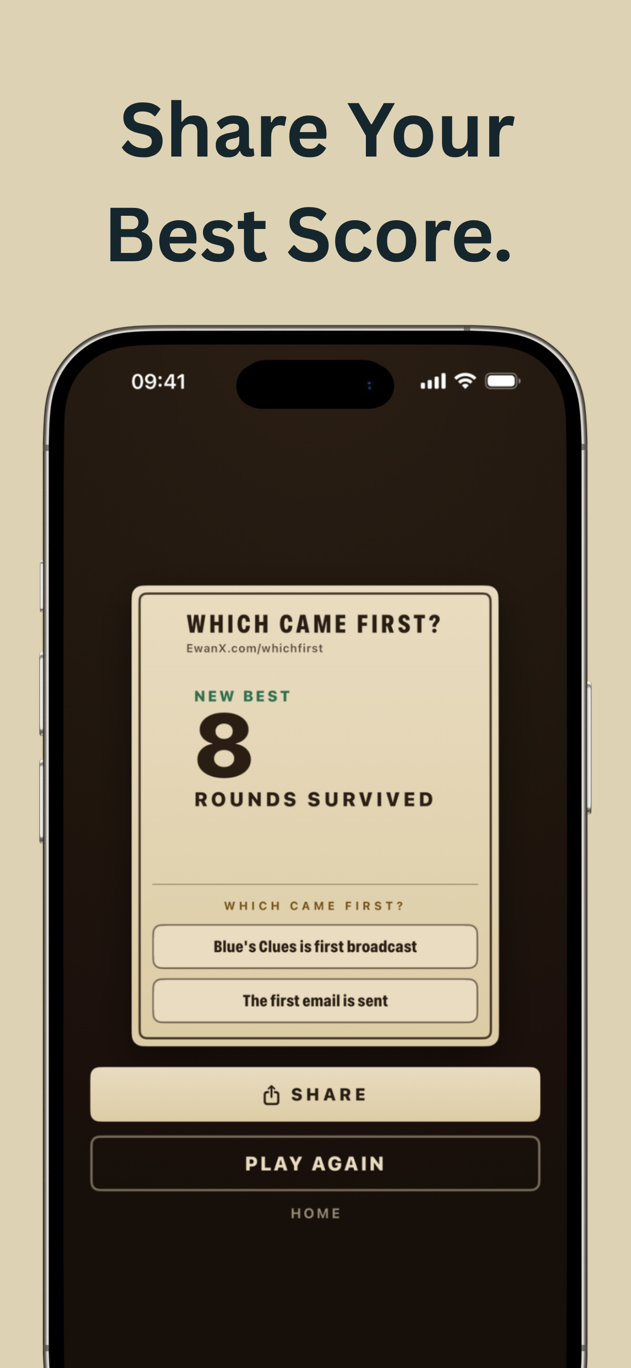 A share card showing a new best of 8 rounds survived