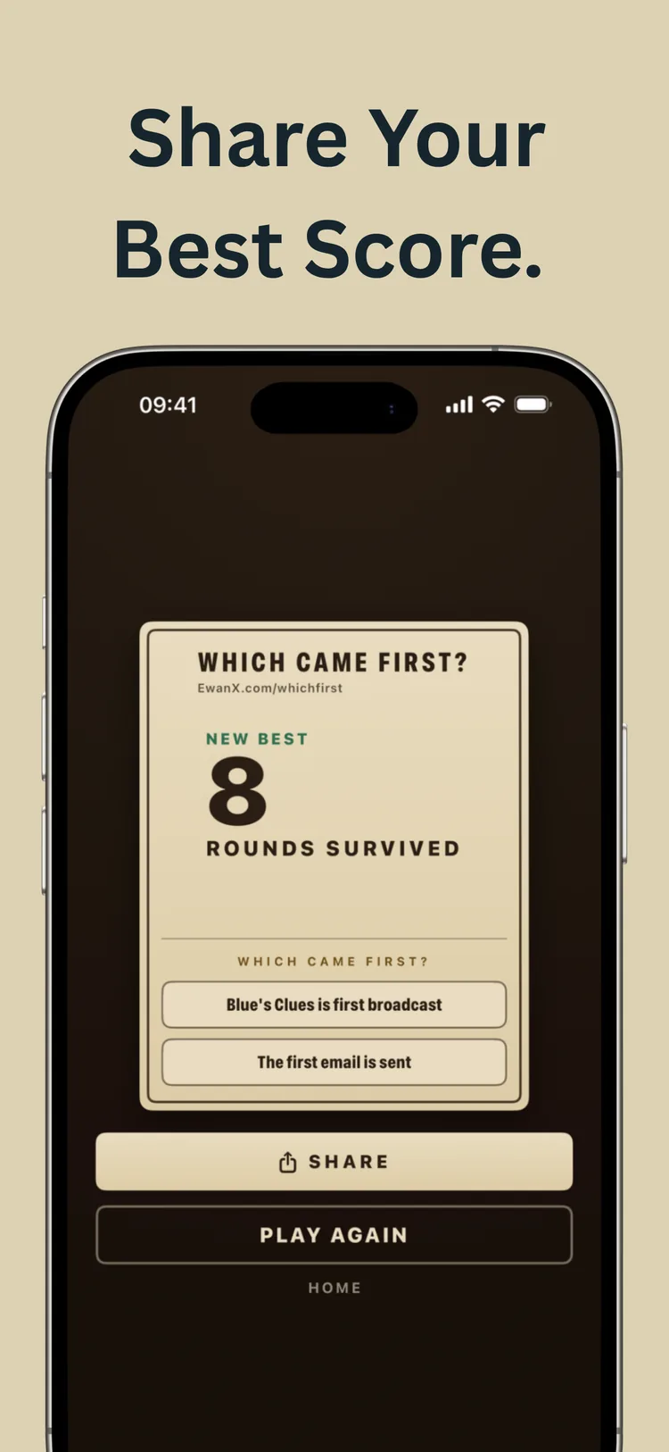 A share card showing a new best of 8 rounds survived
