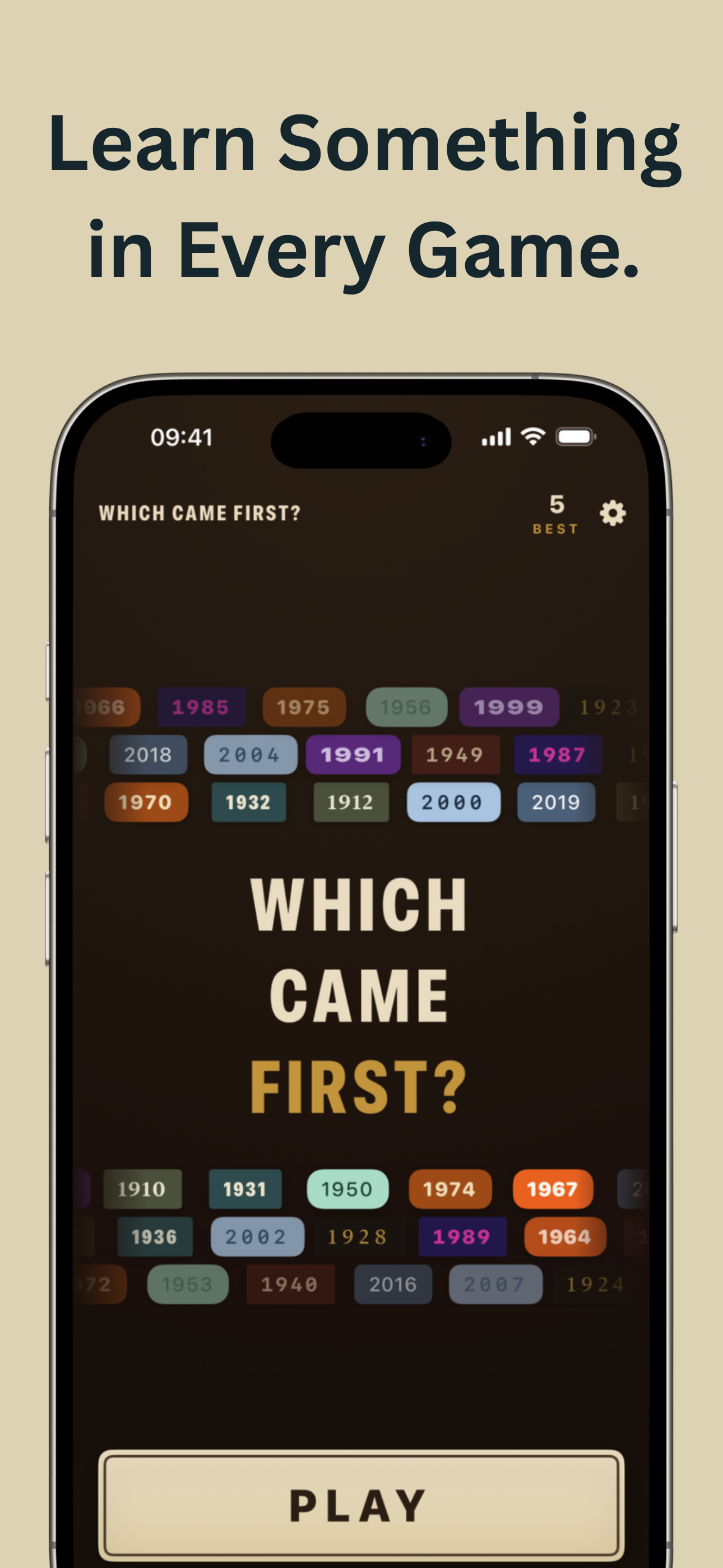 The home screen, with years drifting behind the title