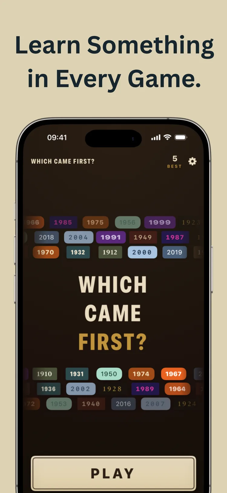 The home screen, with years drifting behind the title